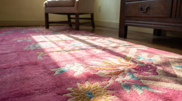 Antique rectangle wool hand knotted pile floral 1920s coral rug (sku 21632) - in-room detail
