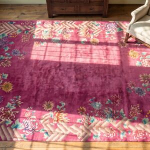 Antique Rectangle Wool Hand Knotted Pile Floral 1920s Coral Rug (SKU 21632) - styled overhead view