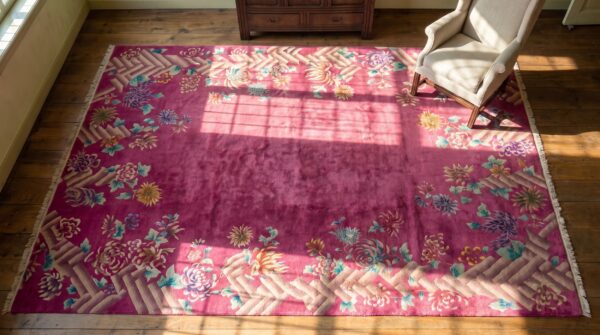 Antique rectangle wool hand knotted pile floral 1920s coral rug (sku 21632) - styled overhead view