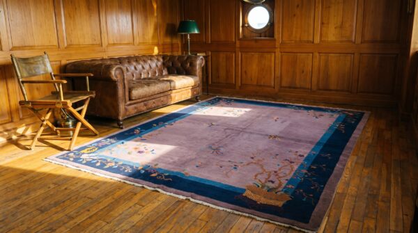 Rectangle hand knotted pile floral antique blue , purple wool 1920s rug 7 Rectangle hand knotted pile floral antique blue , purple wool 1920s rug (sku 23136) - room view