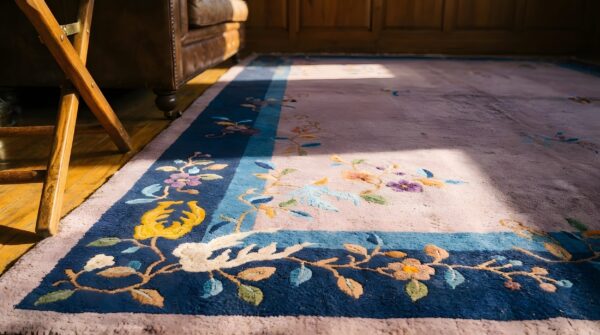 Rectangle hand knotted pile floral antique blue , purple wool 1920s rug 8 Rectangle hand knotted pile floral antique blue , purple wool 1920s rug (sku 23136) - in-room detail