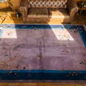 Rectangle Hand Knotted Pile Floral Antique Blue , Purple Wool 1920s Rug (SKU 23136) - styled overhead view