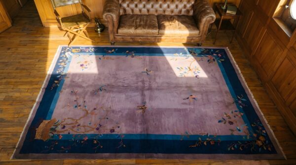 Rectangle hand knotted pile floral antique blue , purple wool 1920s rug 2 Rectangle hand knotted pile floral antique blue , purple wool 1920s rug (sku 23136) - styled overhead view