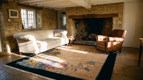 Hand knotted pile rectangle wool floral brown earth tone 1920s antique rug (sku 25253) - room view
