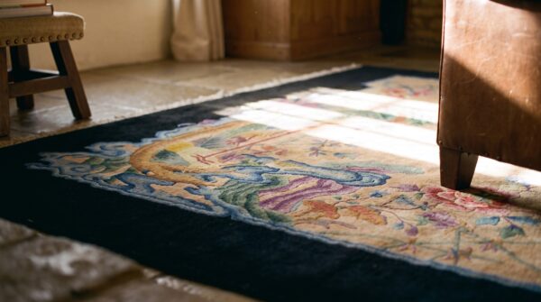 Hand knotted pile rectangle wool floral brown earth tone 1920s antique rug (sku 25253) - in-room detail