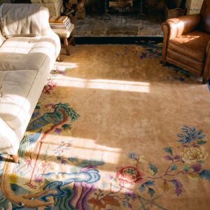 Hand Knotted Pile Rectangle Wool Floral Brown Earth Tone 1920s Antique Rug (SKU 25253) - styled overhead view