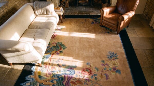 Hand knotted pile rectangle wool floral brown earth tone 1920s antique rug (sku 25253) - styled overhead view