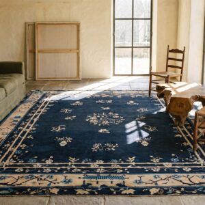 Rectangle Floral Medallion Antique Wool Hand Knotted Pile 1900s Blue Rug (SKU 23061) - room view