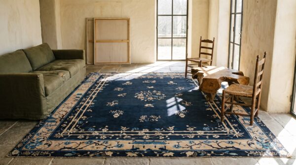 Rectangle floral medallion antique wool hand knotted pile 1900s blue rug 8 Rectangle floral medallion antique wool hand knotted pile 1900s blue rug (sku 23061) - room view