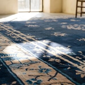 Rectangle Floral Medallion Antique Wool Hand Knotted Pile 1900s Blue Rug (SKU 23061) - in-room detail