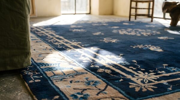 Rectangle floral medallion antique wool hand knotted pile 1900s blue rug 9 Rectangle floral medallion antique wool hand knotted pile 1900s blue rug (sku 23061) - in-room detail
