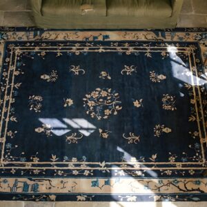 Rectangle Floral Medallion Antique Wool Hand Knotted Pile 1900s Blue Rug (SKU 23061) - styled overhead view