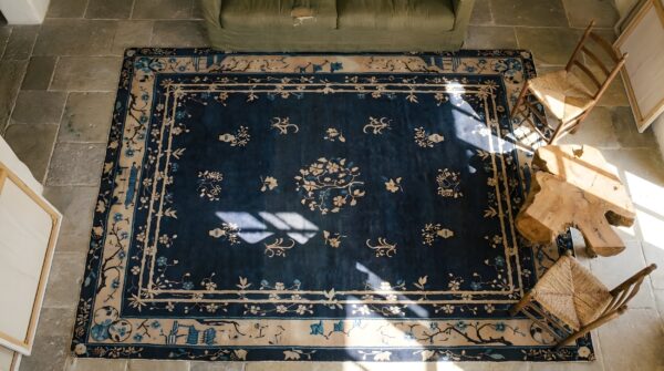 Rectangle floral medallion antique wool hand knotted pile 1900s blue rug 2 Rectangle floral medallion antique wool hand knotted pile 1900s blue rug (sku 23061) - styled overhead view