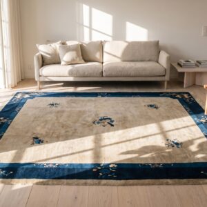 Antique Rectangle Floral Medallion 1930s Wool Ivory Beige Cream White Hand Knotted Pile Rug (SKU 22939) - room view