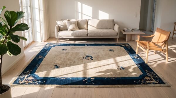 Antique rectangle floral medallion 1930s wool ivory beige cream white hand knotted pile rug 5 Antique rectangle floral medallion 1930s wool ivory beige cream white hand knotted pile rug (sku 22939) - room view