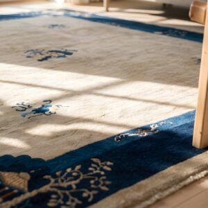 Antique Rectangle Floral Medallion 1930s Wool Ivory Beige Cream White Hand Knotted Pile Rug (SKU 22939) - in-room detail