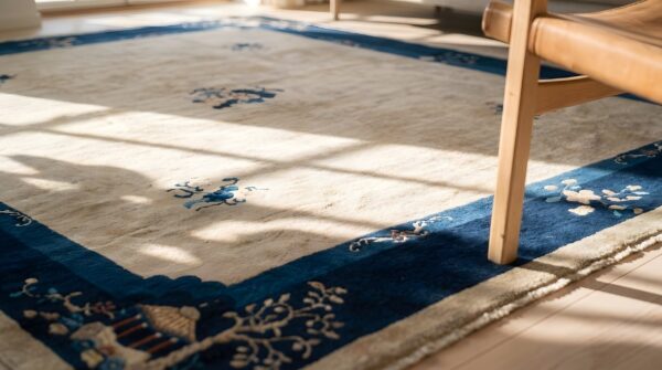 Antique rectangle floral medallion 1930s wool ivory beige cream white hand knotted pile rug 6 Antique rectangle floral medallion 1930s wool ivory beige cream white hand knotted pile rug (sku 22939) - in-room detail