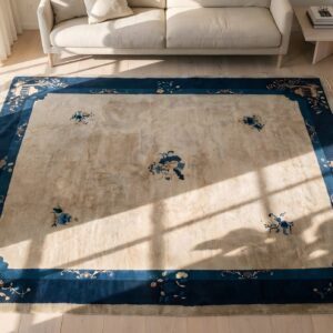 Antique Rectangle Floral Medallion 1930s Wool Ivory Beige Cream White Hand Knotted Pile Rug (SKU 22939) - styled overhead view