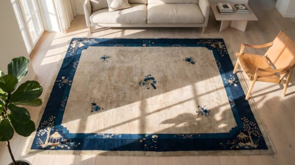 Antique rectangle floral medallion 1930s wool ivory beige cream white hand knotted pile rug 2 Antique rectangle floral medallion 1930s wool ivory beige cream white hand knotted pile rug (sku 22939) - styled overhead view