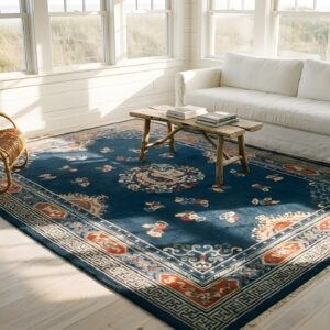 Hand Knotted Pile Rectangle Floral Medallion Antique Blue 1920s Wool Rug (SKU 25239) - room view