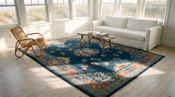 Hand knotted pile rectangle floral medallion antique blue 1920s wool rug 6 Hand knotted pile rectangle floral medallion antique blue 1920s wool rug (sku 25239) - room view