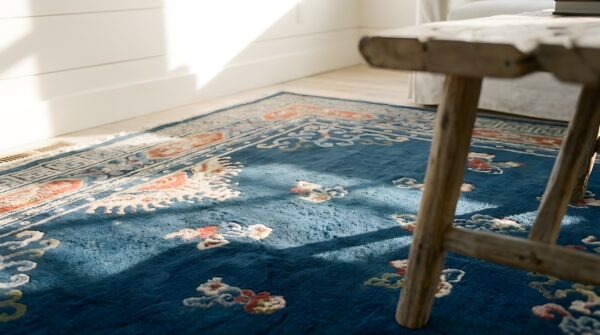 Hand knotted pile rectangle floral medallion antique blue 1920s wool rug 7 Hand knotted pile rectangle floral medallion antique blue 1920s wool rug (sku 25239) - in-room detail