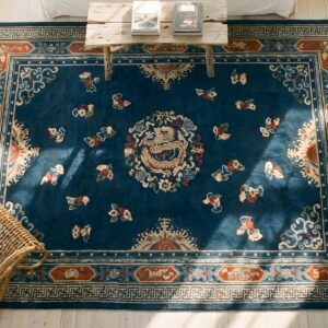 Hand Knotted Pile Rectangle Floral Medallion Antique Blue 1920s Wool Rug (SKU 25239) - styled overhead view