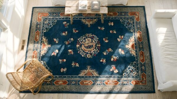 Hand knotted pile rectangle floral medallion antique blue 1920s wool rug 2 Hand knotted pile rectangle floral medallion antique blue 1920s wool rug (sku 25239) - styled overhead view