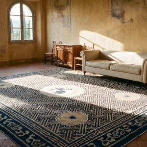 Wool Rectangle Geometric Medallion 1900s Antique Coral / Salmon Pink Hand Knotted Pile Rug (SKU 25660) - room view