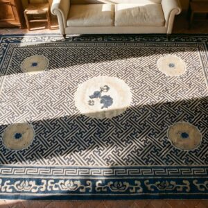 Wool Rectangle Geometric Medallion 1900s Antique Coral / Salmon Pink Hand Knotted Pile Rug (SKU 25660) - styled overhead view