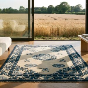 Hand Knotted Pile Rectangle Geometric Medallion Wool 1920s Ivory Beige Cream White Antique Rug (SKU 22047) - room view