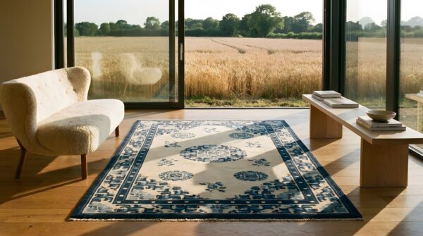 Hand knotted pile rectangle geometric medallion wool 1920s ivory beige cream white antique rug (sku 22047) - room view
