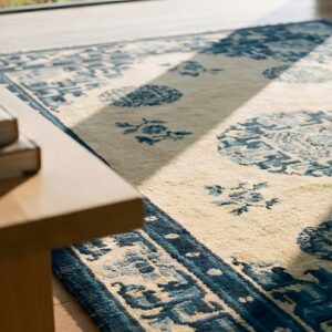 Hand Knotted Pile Rectangle Geometric Medallion Wool 1920s Ivory Beige Cream White Antique Rug (SKU 22047) - in-room detail