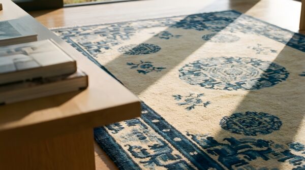 Hand knotted pile rectangle geometric medallion wool 1920s ivory beige cream white antique rug (sku 22047) - in-room detail