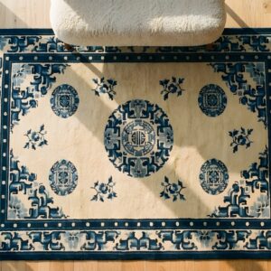 Hand Knotted Pile Rectangle Geometric Medallion Wool 1920s Ivory Beige Cream White Antique Rug (SKU 22047) - styled overhead view
