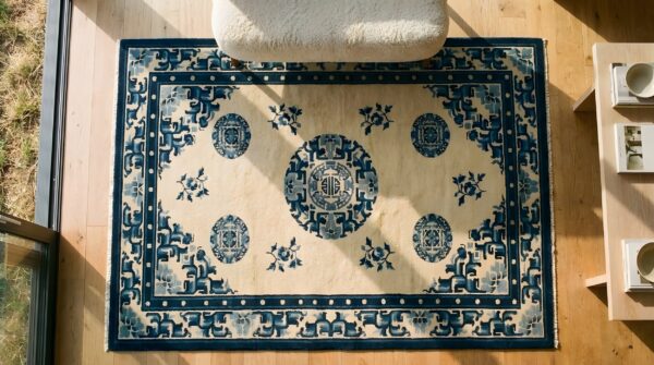 Hand knotted pile rectangle geometric medallion wool 1920s ivory beige cream white antique rug (sku 22047) - styled overhead view