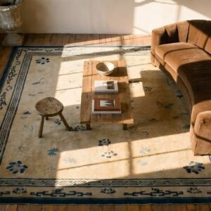 Antique Hand Knotted Pile Rectangle Wool Ivory Beige Cream White 1900s Rug (SKU 25131) - styled overhead view