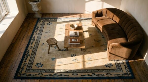 Antique hand knotted pile rectangle wool ivory beige cream white 1900s rug 2 Antique hand knotted pile rectangle wool ivory beige cream white 1900s rug (sku 25131) - styled overhead view