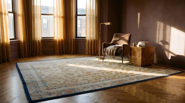 Rectangle wool ivory beige cream white 1920s antique hand knotted pile rug 7 Rectangle wool ivory beige cream white 1920s antique hand knotted pile rug (sku 23941) - room view