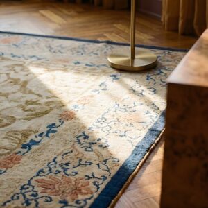 Rectangle Wool Ivory Beige Cream White 1920s Antique Hand Knotted Pile Rug (SKU 23941) - in-room detail