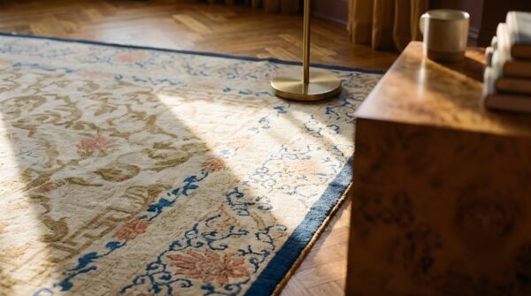 Rectangle wool ivory beige cream white 1920s antique hand knotted pile rug 8 Rectangle wool ivory beige cream white 1920s antique hand knotted pile rug (sku 23941) - in-room detail