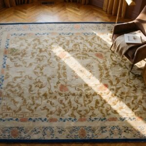Rectangle Wool Ivory Beige Cream White 1920s Antique Hand Knotted Pile Rug (SKU 23941) - styled overhead view