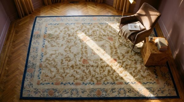 Rectangle wool ivory beige cream white 1920s antique hand knotted pile rug 2 Rectangle wool ivory beige cream white 1920s antique hand knotted pile rug (sku 23941) - styled overhead view