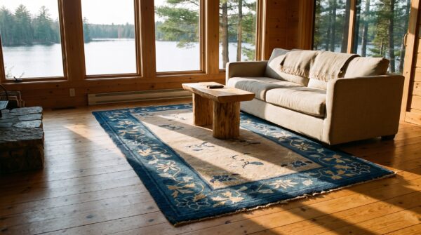 Rectangle hand knotted pile antique ivory beige cream white 1920s wool rug (sku 24205) - room view