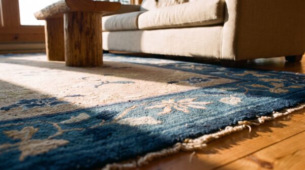 Rectangle hand knotted pile antique ivory beige cream white 1920s wool rug (sku 24205) - in-room detail