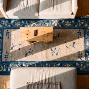 Rectangle Hand Knotted Pile Antique Ivory Beige Cream White 1920s Wool Rug (SKU 24205) - styled overhead view
