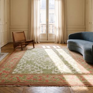 Rectangle Hand Knotted Pile Wool Ivory Beige Cream White Antique Allover Floral 1930s Rug (SKU 20950) - room view