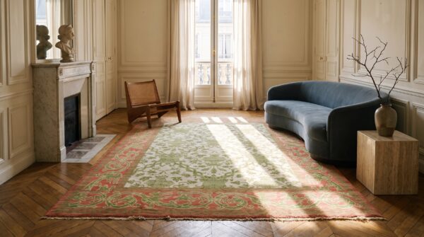 Rectangle hand knotted pile wool ivory beige cream white antique allover floral 1930s rug (sku 20950) - room view
