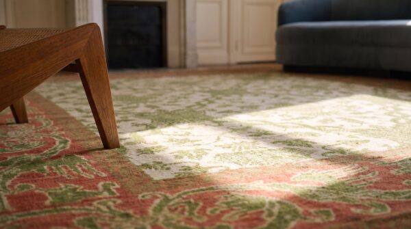 Rectangle hand knotted pile wool ivory beige cream white antique allover floral 1930s rug (sku 20950) - in-room detail