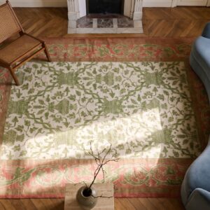 Rectangle Hand Knotted Pile Wool Ivory Beige Cream White Antique Allover Floral 1930s Rug (SKU 20950) - styled overhead view